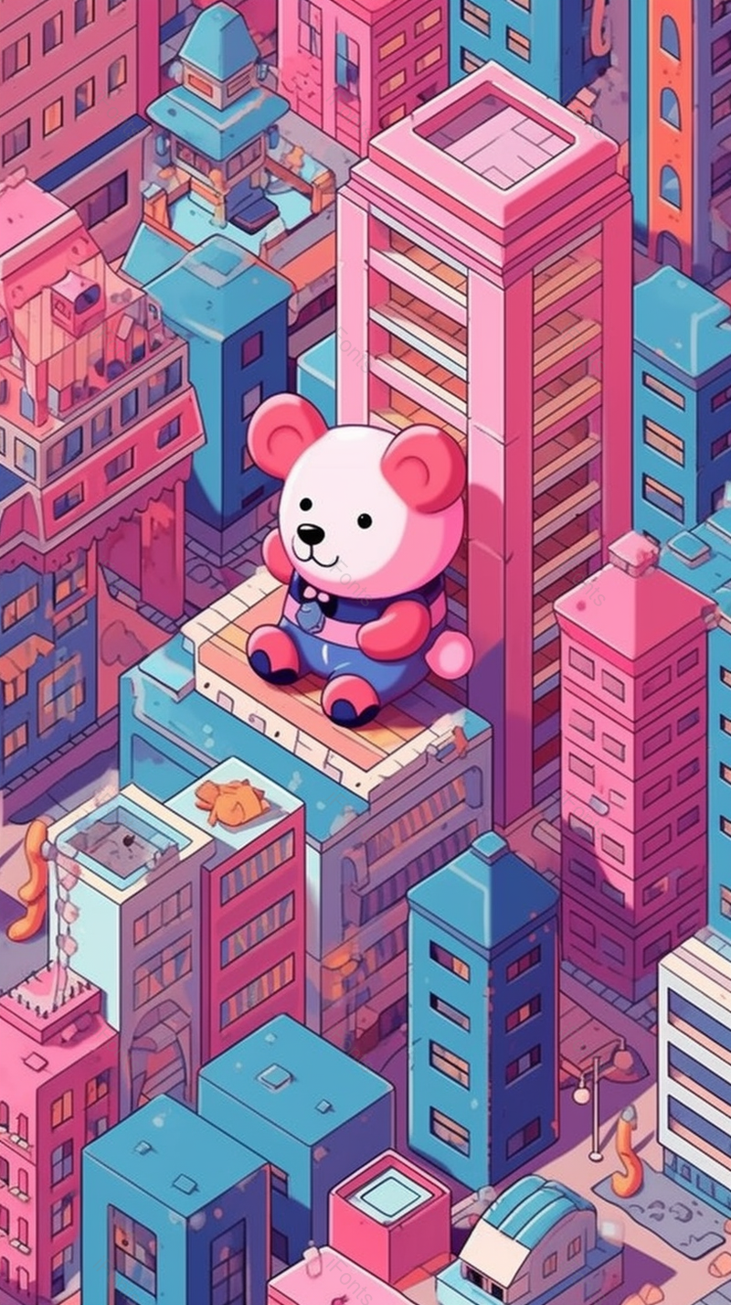 玩具小熊坐在楼顶倚靠大厦楼房房屋城市六一儿童节背景粉色插画,插画/手绘图,插画/手绘图库,插画/手绘图下载,插画/手绘